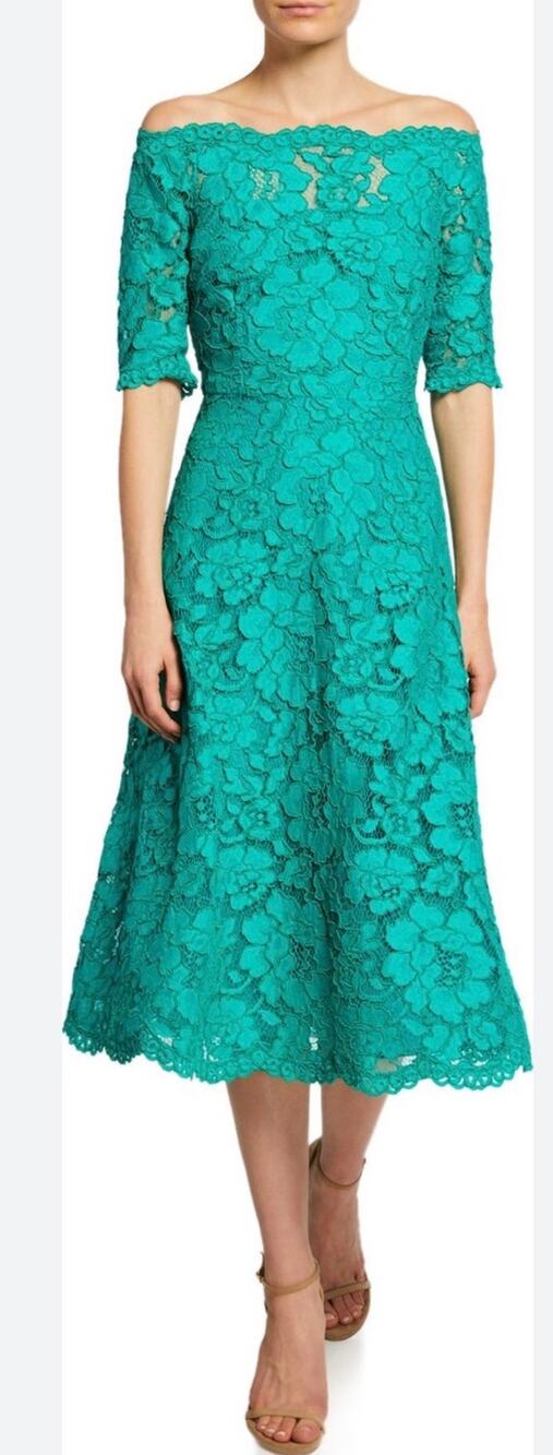 Teri Jon for Rickie Freeman Lace Off-The-Shoulder Fit & Flare Dress Green Size 6